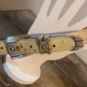 Los Altos Cream Full Quill Ostrich Exotic Leather Belt Decorative Silver Buckle